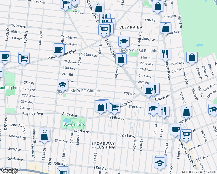 map of restaurants, bars, coffee shops, grocery stores, and more near 25-10 163rd Street in Queens