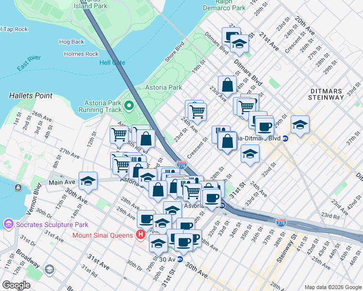 map of restaurants, bars, coffee shops, grocery stores, and more near 24-46 24th Street in Queens