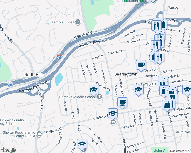 map of restaurants, bars, coffee shops, grocery stores, and more near 75 The Dell in Albertson
