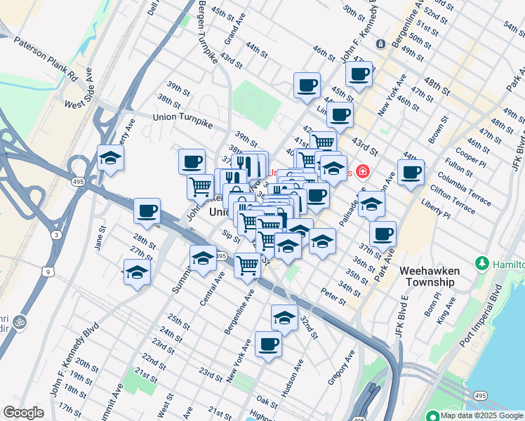 map of restaurants, bars, coffee shops, grocery stores, and more near 542 35th Street in Union City