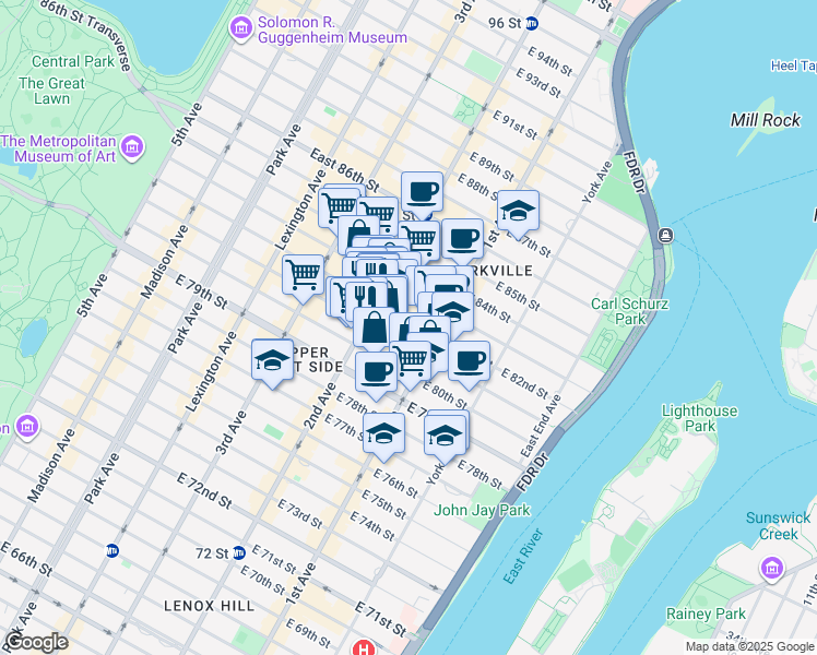 map of restaurants, bars, coffee shops, grocery stores, and more near 334 East 82nd Street in New York