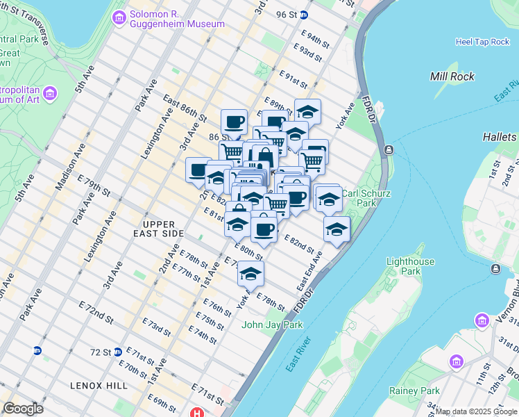 map of restaurants, bars, coffee shops, grocery stores, and more near 406 East 83rd Street in New York