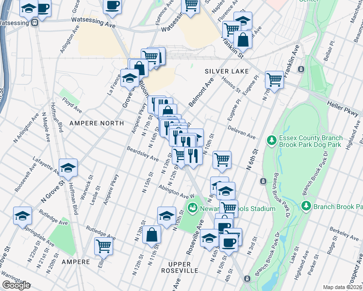 map of restaurants, bars, coffee shops, grocery stores, and more near 134-136 Davenport Avenue in Newark