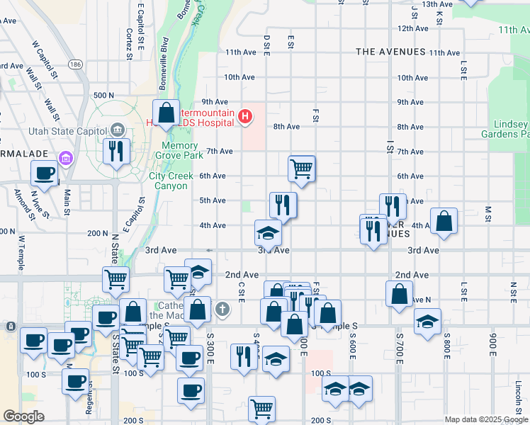 map of restaurants, bars, coffee shops, grocery stores, and more near 217 D Street East in Salt Lake City