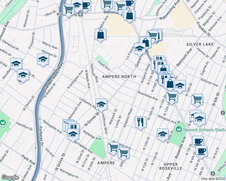 map of restaurants, bars, coffee shops, grocery stores, and more near 465 Abington Avenue in Bloomfield