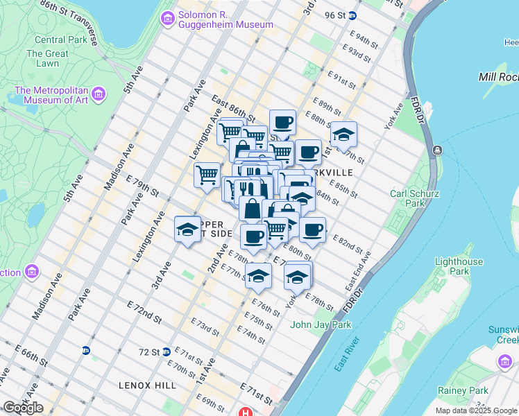 map of restaurants, bars, coffee shops, grocery stores, and more near 307 East 81st Street in New York