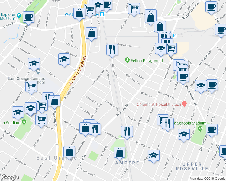 map of restaurants, bars, coffee shops, grocery stores, and more near 552 North Maple Avenue in East Orange