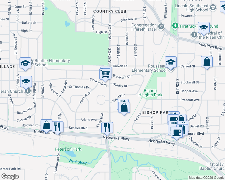 map of restaurants, bars, coffee shops, grocery stores, and more near 3910 South 27th Street in Lincoln