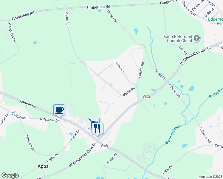 map of restaurants, bars, coffee shops, grocery stores, and more near 1097 Myrtle Road in Walnutport