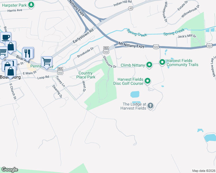 map of restaurants, bars, coffee shops, grocery stores, and more near 189 Kestrel Lane in Boalsburg