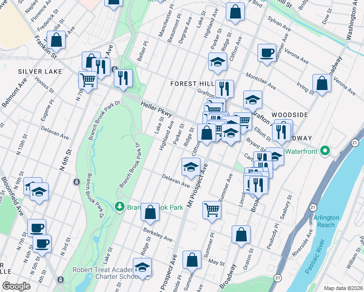 map of restaurants, bars, coffee shops, grocery stores, and more near 221 Elwood Avenue in Newark