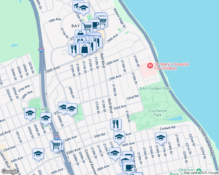 map of restaurants, bars, coffee shops, grocery stores, and more near 29-29 Bell Boulevard in Queens
