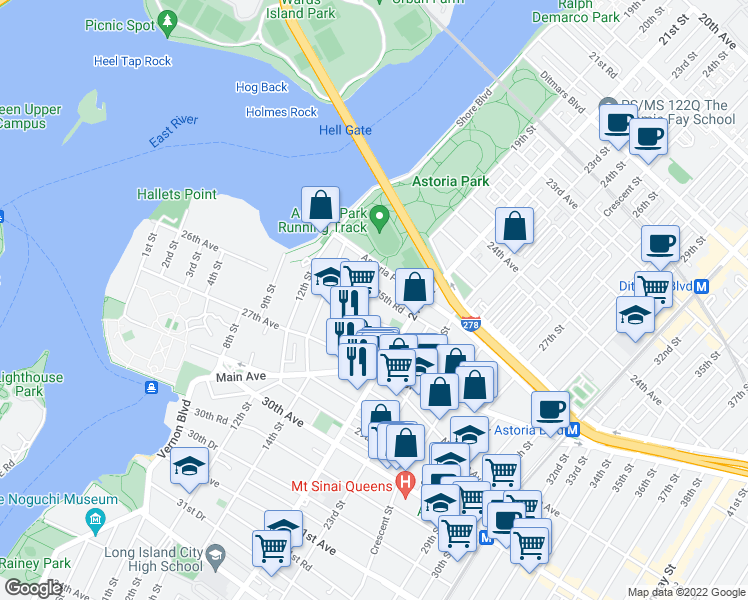 map of restaurants, bars, coffee shops, grocery stores, and more near 18-12 25th Road in Queens