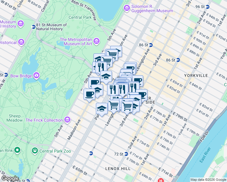 map of restaurants, bars, coffee shops, grocery stores, and more near 108 East 78th Street in New York