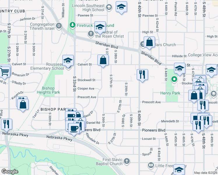 map of restaurants, bars, coffee shops, grocery stores, and more near 3835 South 37th Street in Lincoln