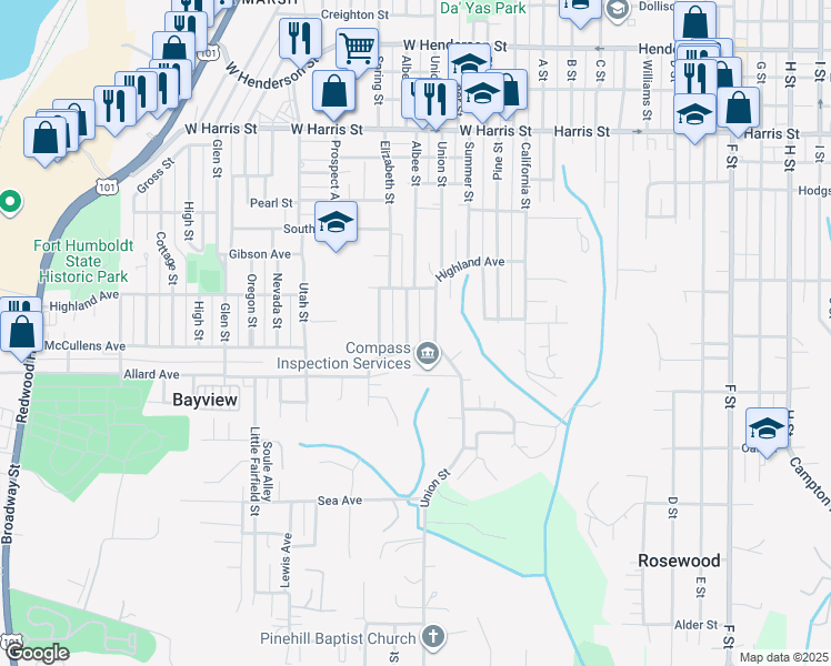 map of restaurants, bars, coffee shops, grocery stores, and more near 3573 Albee Street in Eureka