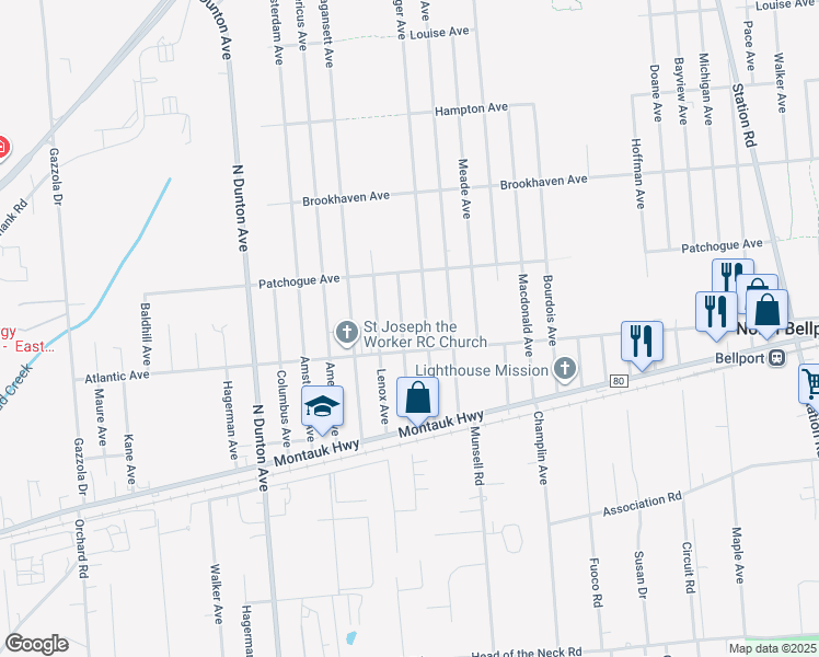 map of restaurants, bars, coffee shops, grocery stores, and more near 515 Donegan Avenue in East Patchogue
