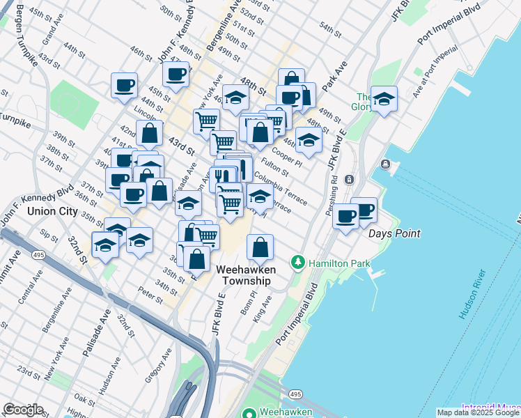 map of restaurants, bars, coffee shops, grocery stores, and more near 71 Liberty Place in Weehawken