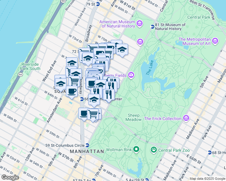 map of restaurants, bars, coffee shops, grocery stores, and more near 88 Central Park West in New York
