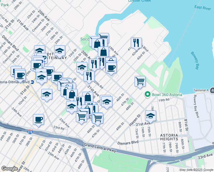 map of restaurants, bars, coffee shops, grocery stores, and more near 20-28 43rd Street in Queens