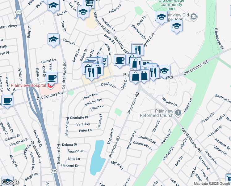 map of restaurants, bars, coffee shops, grocery stores, and more near 4 Helen Avenue in Plainview