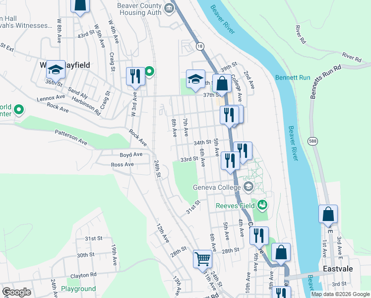 map of restaurants, bars, coffee shops, grocery stores, and more near 3315 7th Avenue in Beaver Falls