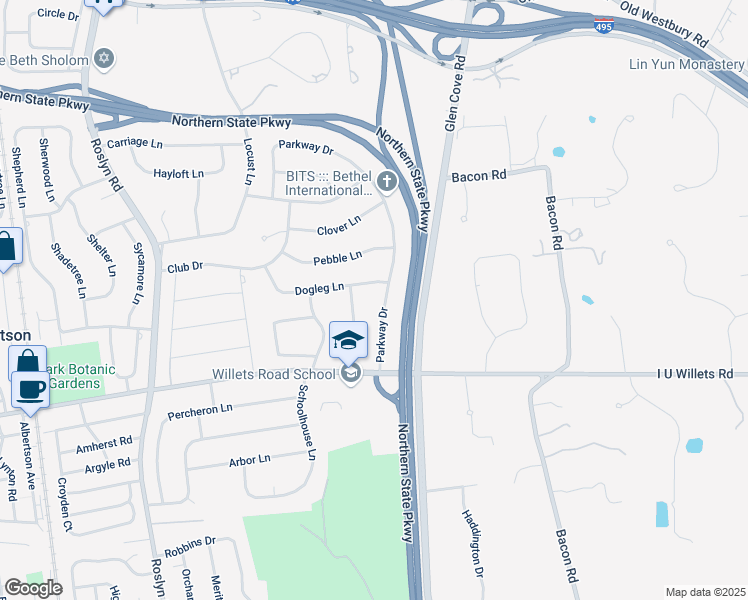 map of restaurants, bars, coffee shops, grocery stores, and more near 172 Parkway Drive in Roslyn Heights