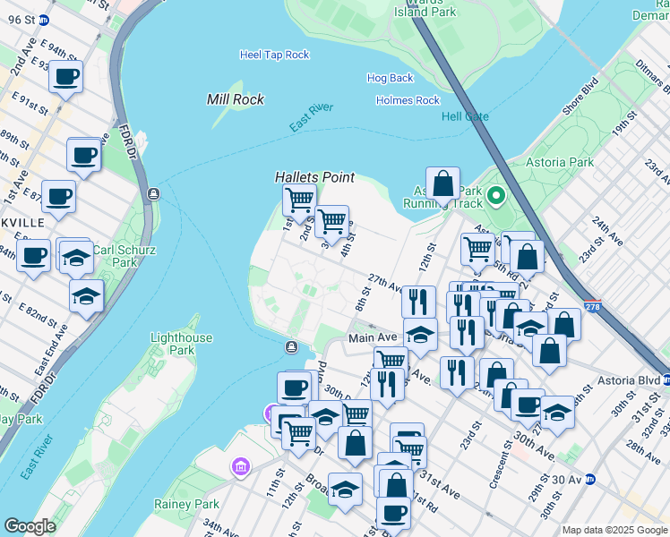 map of restaurants, bars, coffee shops, grocery stores, and more near 3-24 27th Avenue in Queens