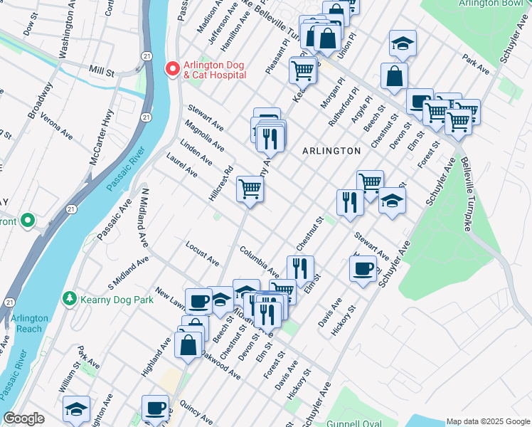 map of restaurants, bars, coffee shops, grocery stores, and more near 152 Linden Ave in Kearny