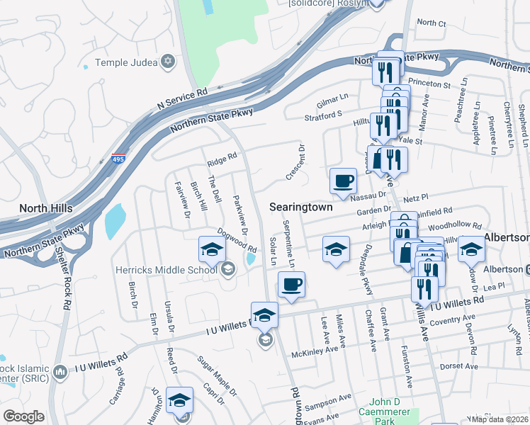 map of restaurants, bars, coffee shops, grocery stores, and more near 196 Nassau Dr in Albertson