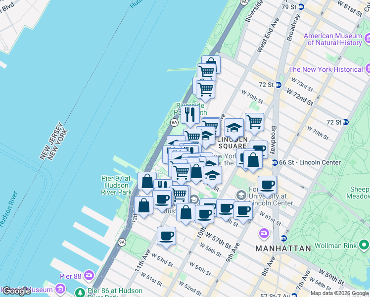 map of restaurants, bars, coffee shops, grocery stores, and more near in New York