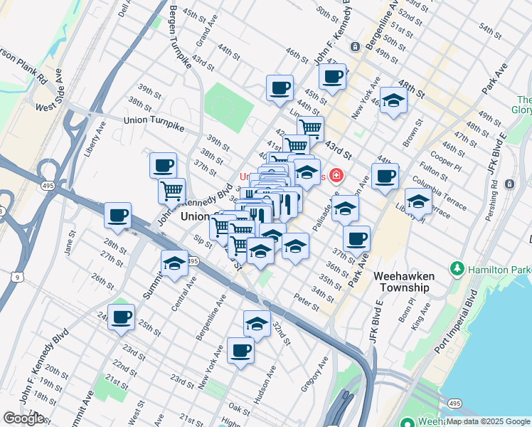 map of restaurants, bars, coffee shops, grocery stores, and more near 512 36th Street in Union City