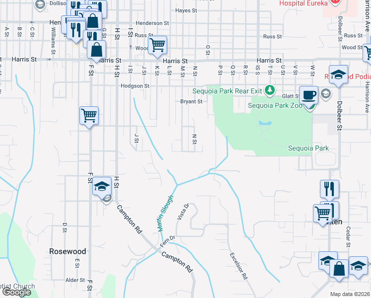 map of restaurants, bars, coffee shops, grocery stores, and more near 1249-1299 Madrone Avenue in Eureka