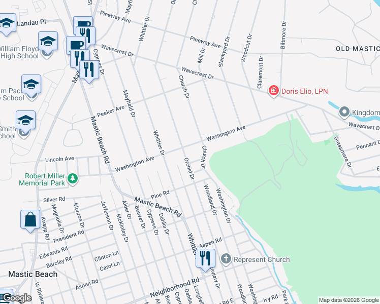 map of restaurants, bars, coffee shops, grocery stores, and more near 233 Orchid Drive in Mastic Beach