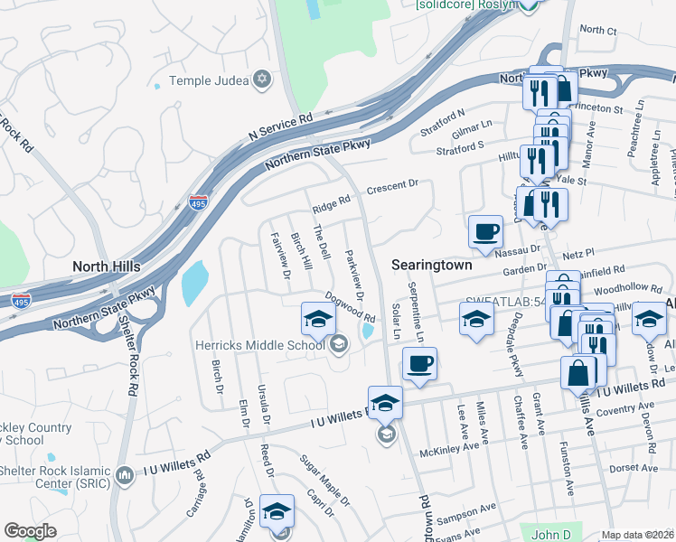 map of restaurants, bars, coffee shops, grocery stores, and more near 75 The Dell in Albertson