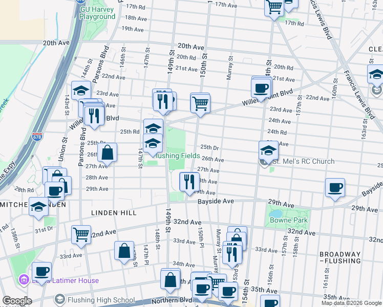 map of restaurants, bars, coffee shops, grocery stores, and more near 25-47 150th Street in Queens