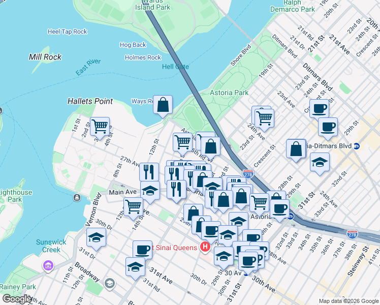 map of restaurants, bars, coffee shops, grocery stores, and more near 18-16 25th Road in Queens