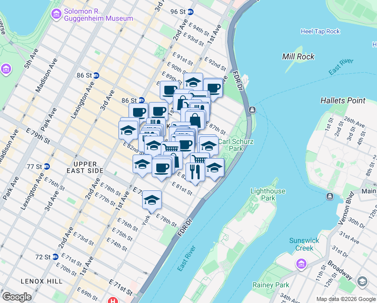map of restaurants, bars, coffee shops, grocery stores, and more near 519 East 84th Street in New York