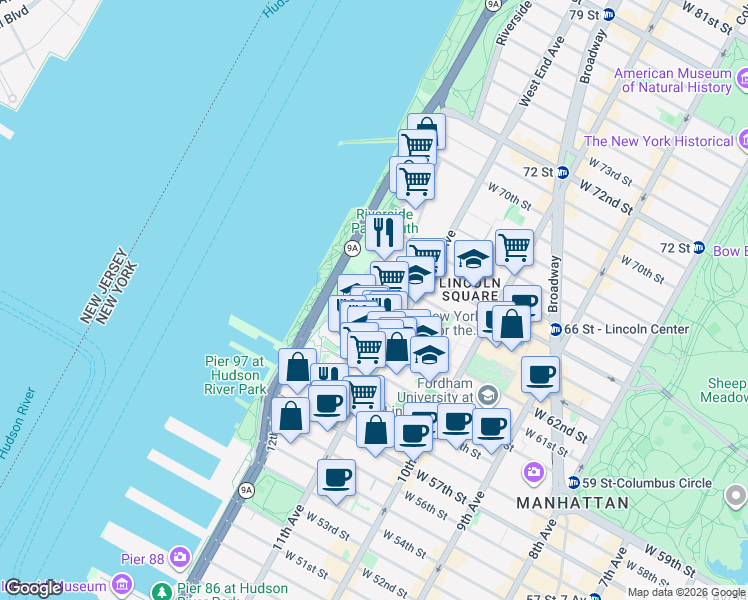 map of restaurants, bars, coffee shops, grocery stores, and more near 60 Riverside Boulevard in New York