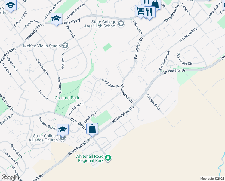 map of restaurants, bars, coffee shops, grocery stores, and more near 741 Stratford Drive in State College