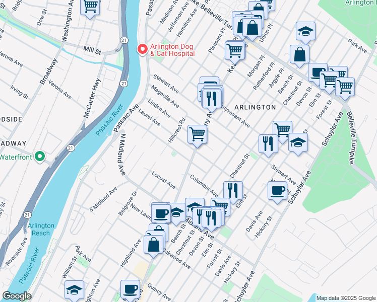 map of restaurants, bars, coffee shops, grocery stores, and more near 663 Kearny Avenue in Kearny