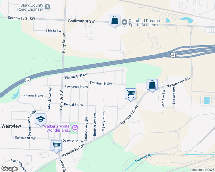 map of restaurants, bars, coffee shops, grocery stores, and more near 4806 Trafalgar Street Southwest in Canton