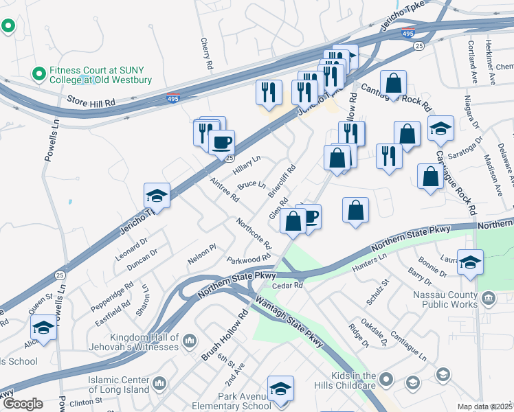 map of restaurants, bars, coffee shops, grocery stores, and more near 145 Briarcliff Road in Westbury