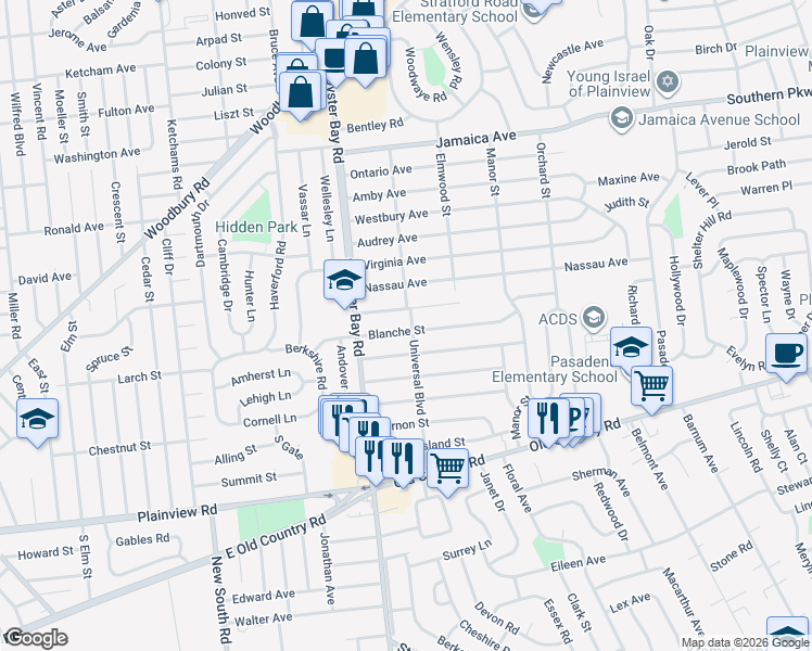 map of restaurants, bars, coffee shops, grocery stores, and more near 18 Blanche Street in Plainview