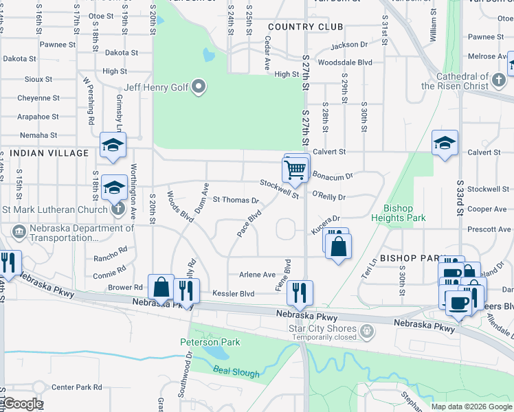 map of restaurants, bars, coffee shops, grocery stores, and more near 2535 Saint Thomas Drive in Lincoln