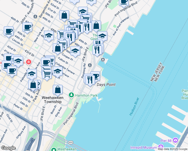 map of restaurants, bars, coffee shops, grocery stores, and more near 900 Avenue at Port Imperial in Weehawken