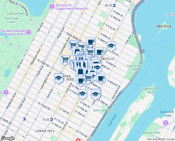 map of restaurants, bars, coffee shops, grocery stores, and more near 330 East 82nd Street in New York