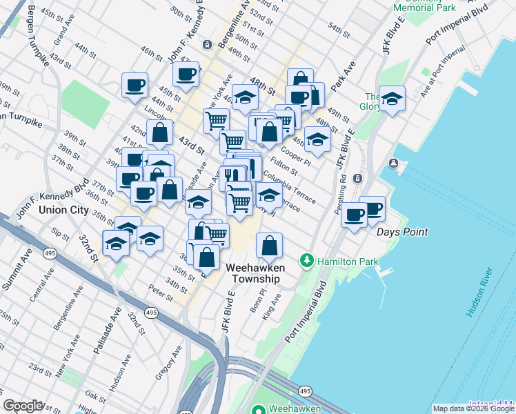 map of restaurants, bars, coffee shops, grocery stores, and more near 71 Liberty Place in Weehawken Township