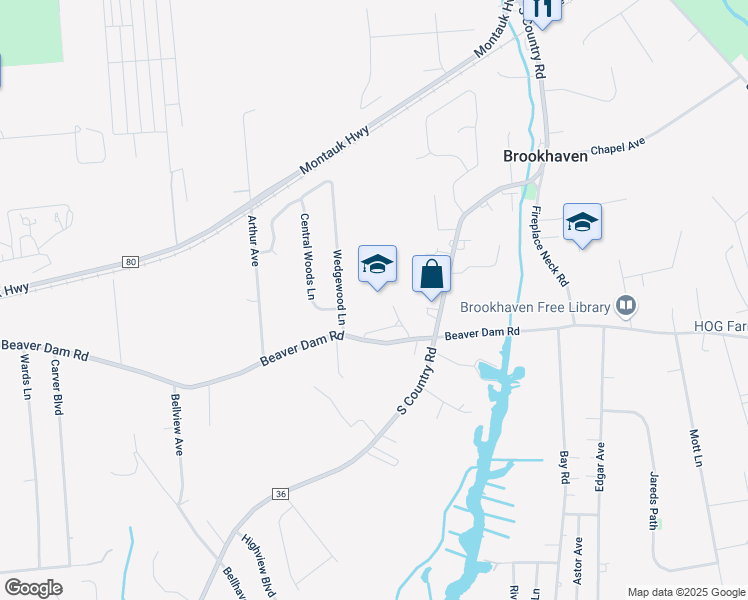 map of restaurants, bars, coffee shops, grocery stores, and more near 205 Beaver Dam Road in Brookhaven