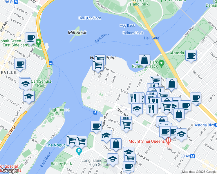 map of restaurants, bars, coffee shops, grocery stores, and more near 3-24 27th Avenue in Queens